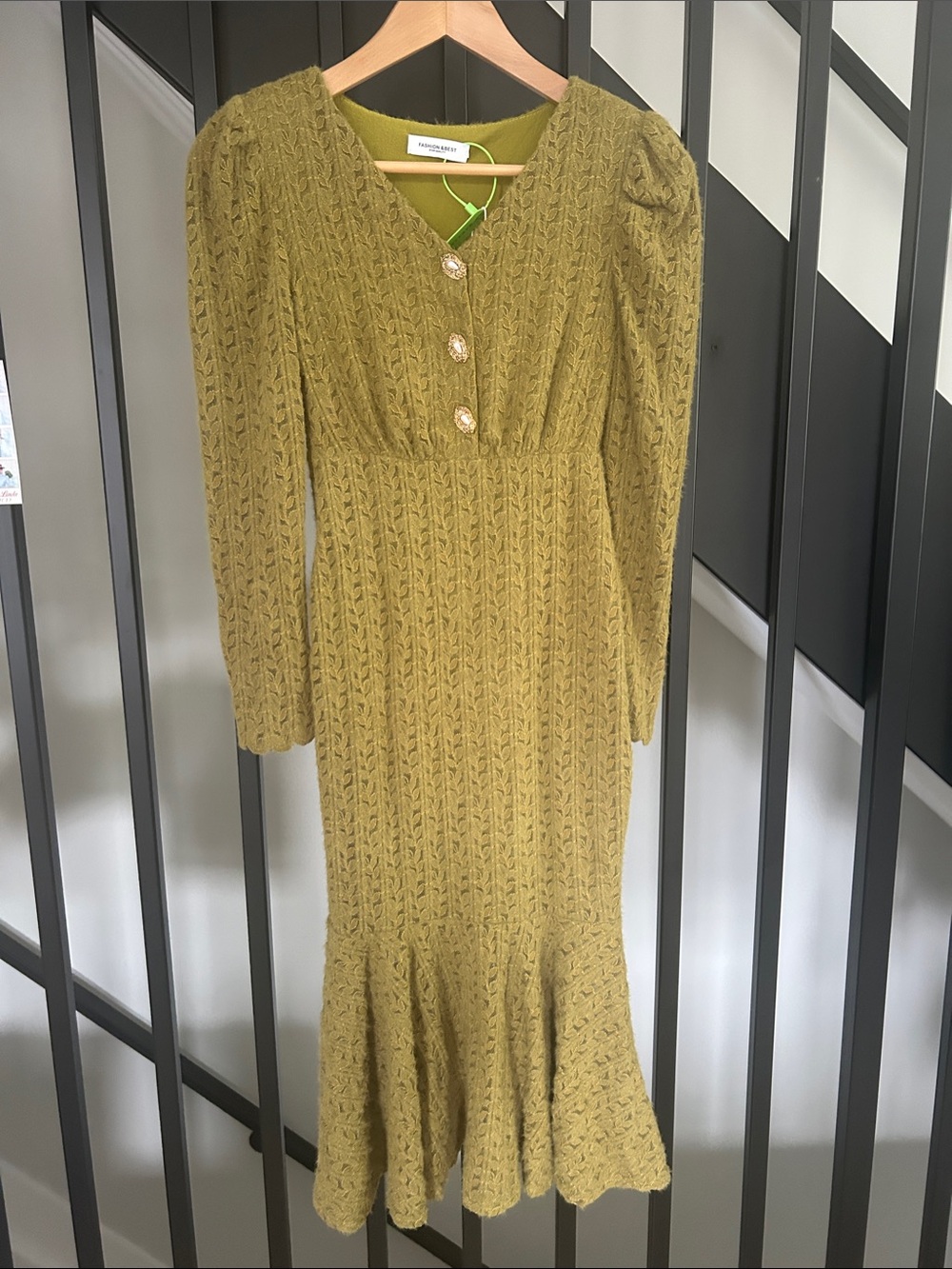 Olive Knit Midi Dress with Decorative Buttons